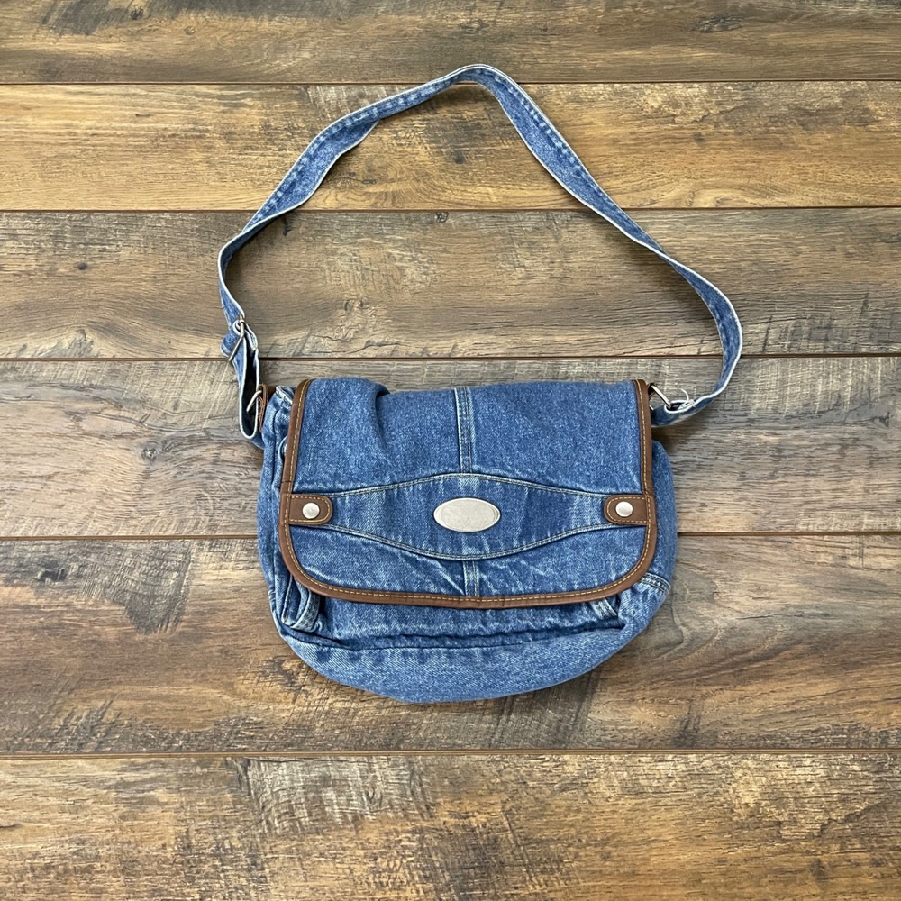 Vintage Denim Crossbody Bag Blue Medium Wash Messenger Faux Leather Trim Y2K